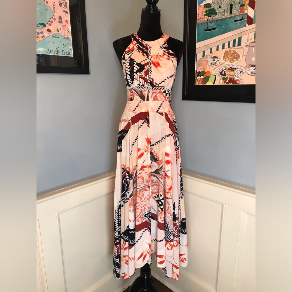 Abel the Label Anthropologie Vienna Halter Maxi Dress in Gemini Print Sz S